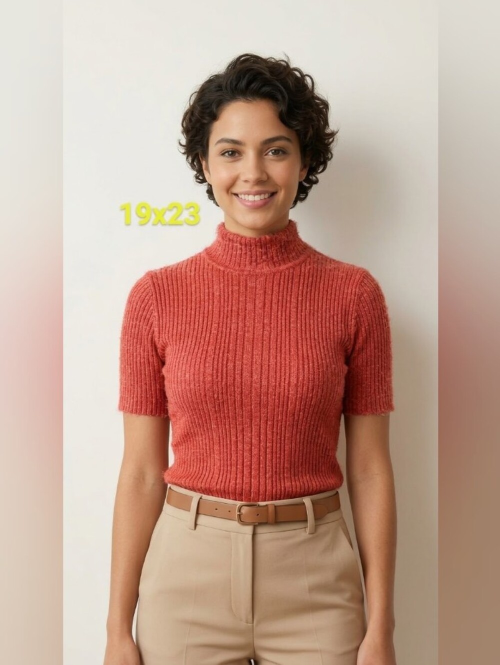 Short-Sleeve Ribbed Mock Neck Sweater Medium Burned Orange